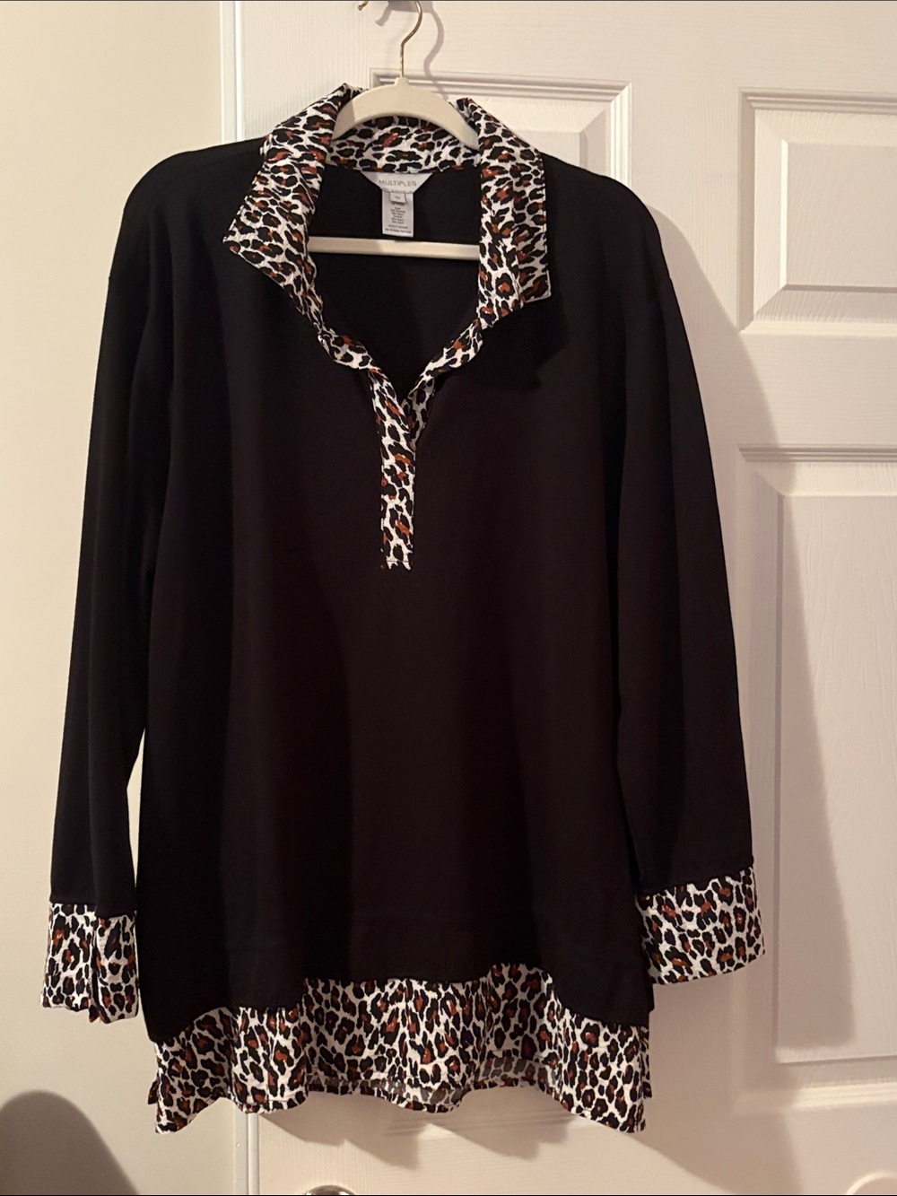 Multiples Black Long-Sleeve Top with Leopard-Print Trim